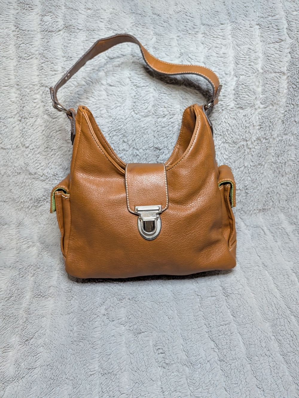 Mondani Cognac Synthetic Leather Shoulder Bag with Silver-Tone Clasp